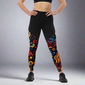 Vibrant compression sports leggings with colorful abstract patterns, high-waisted design, and black contrasting fabric.