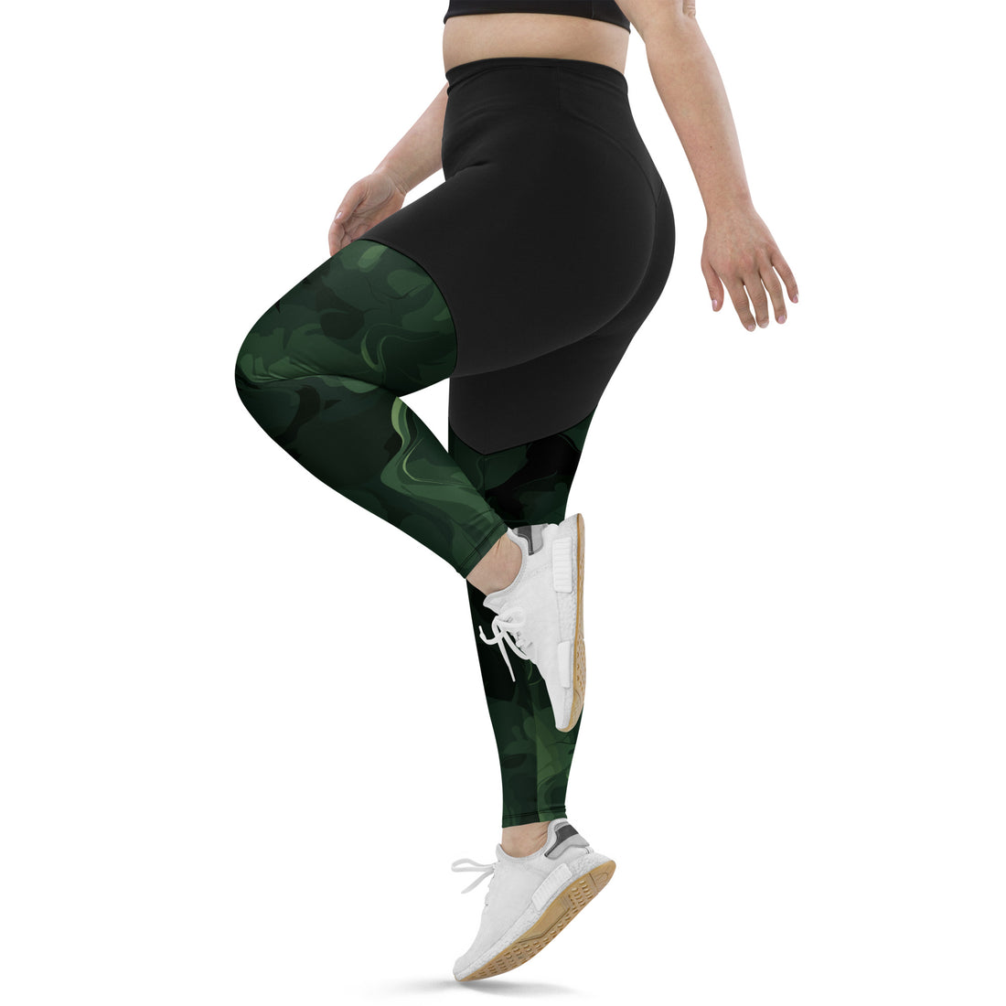 High-waisted compression sports leggings featuring a stylish marble design in deep green tones, suitable for workouts.