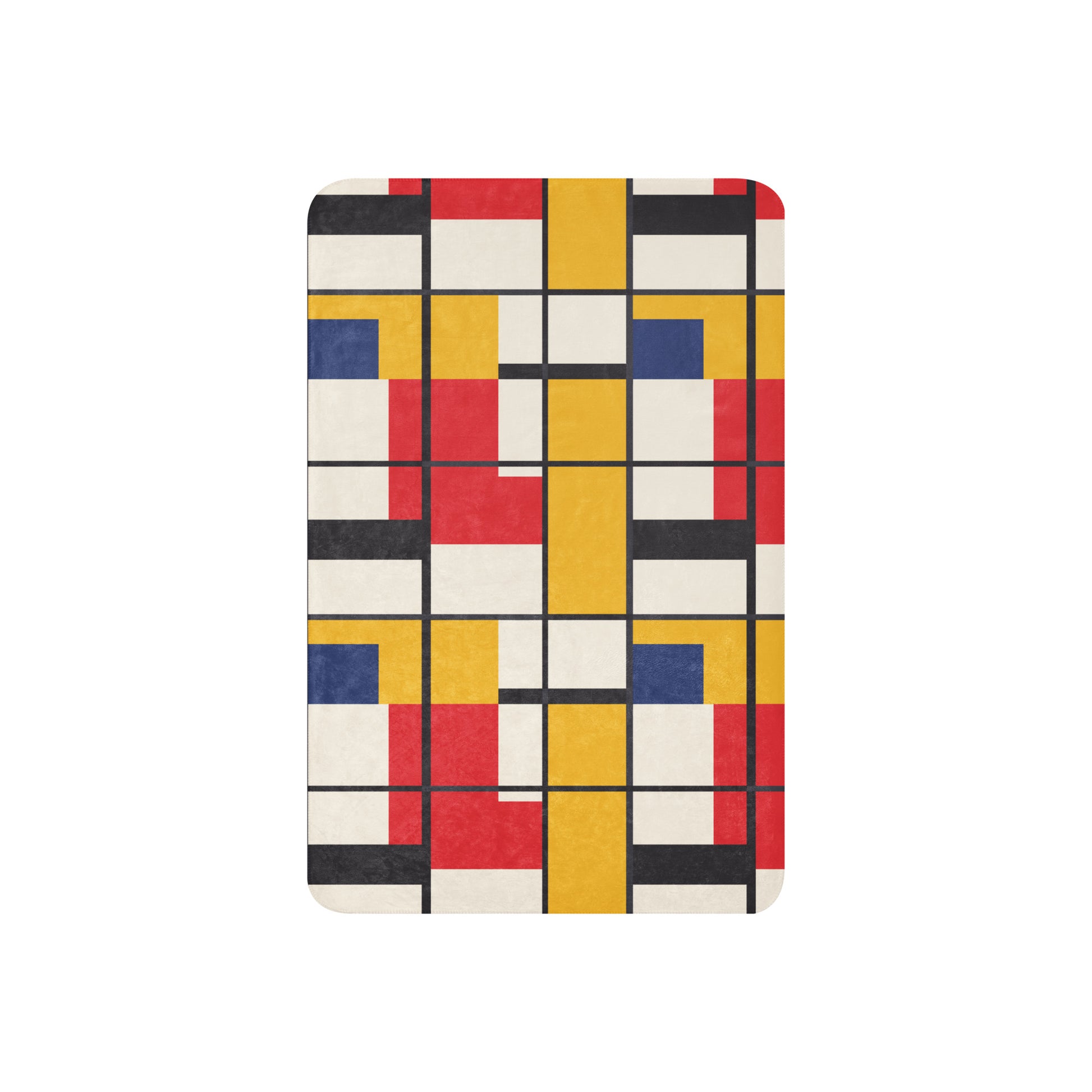 Vibrant Abstract Sherpa Blanket in geometric design with red, yellow, blue, and black colors.