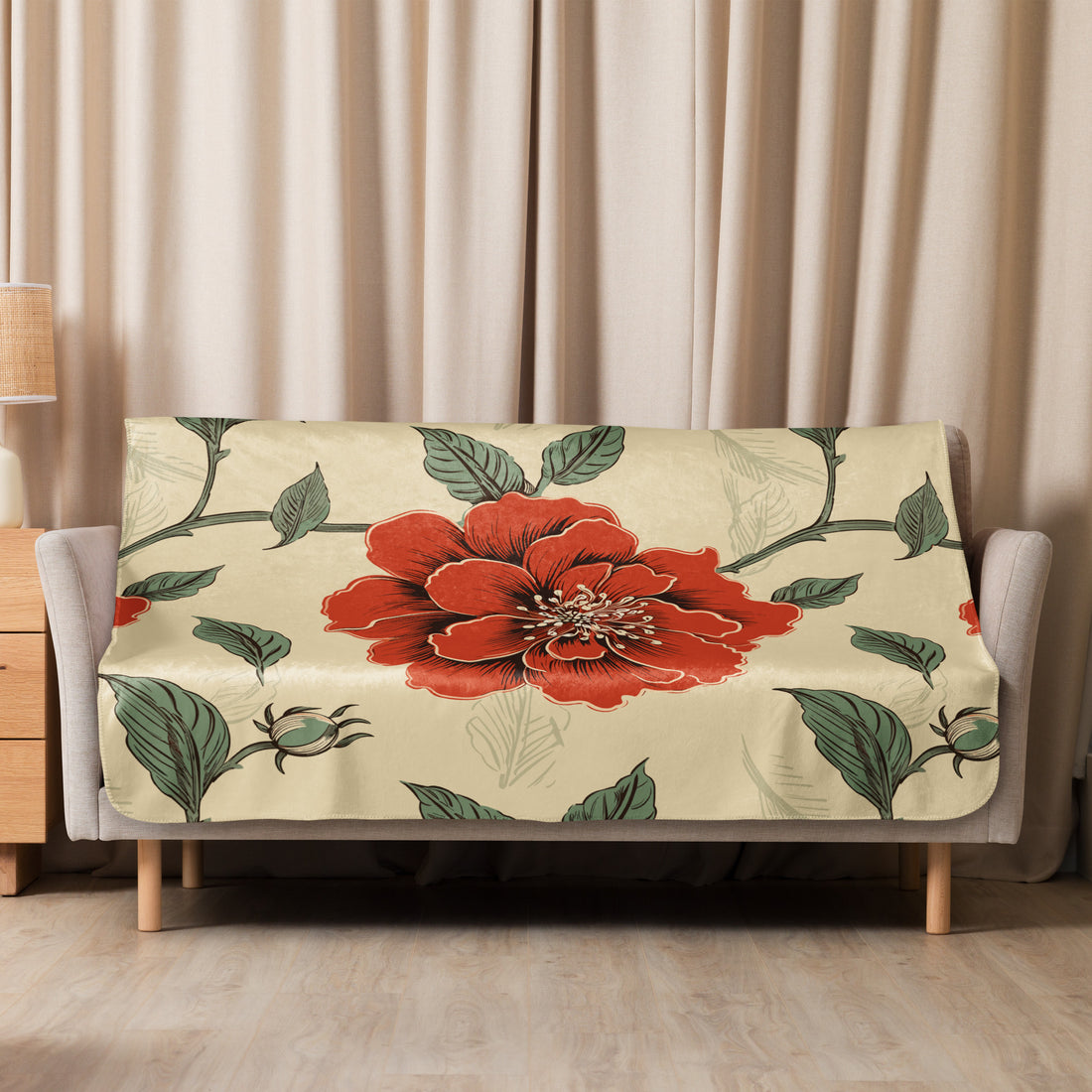 Scarlet Poinsettia design on an ivory sherpa blanket with lush floral details.