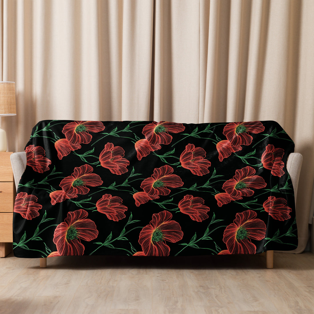 Vibrant red poppy floral pattern on a black Sherpa blanket, perfect for winter coziness