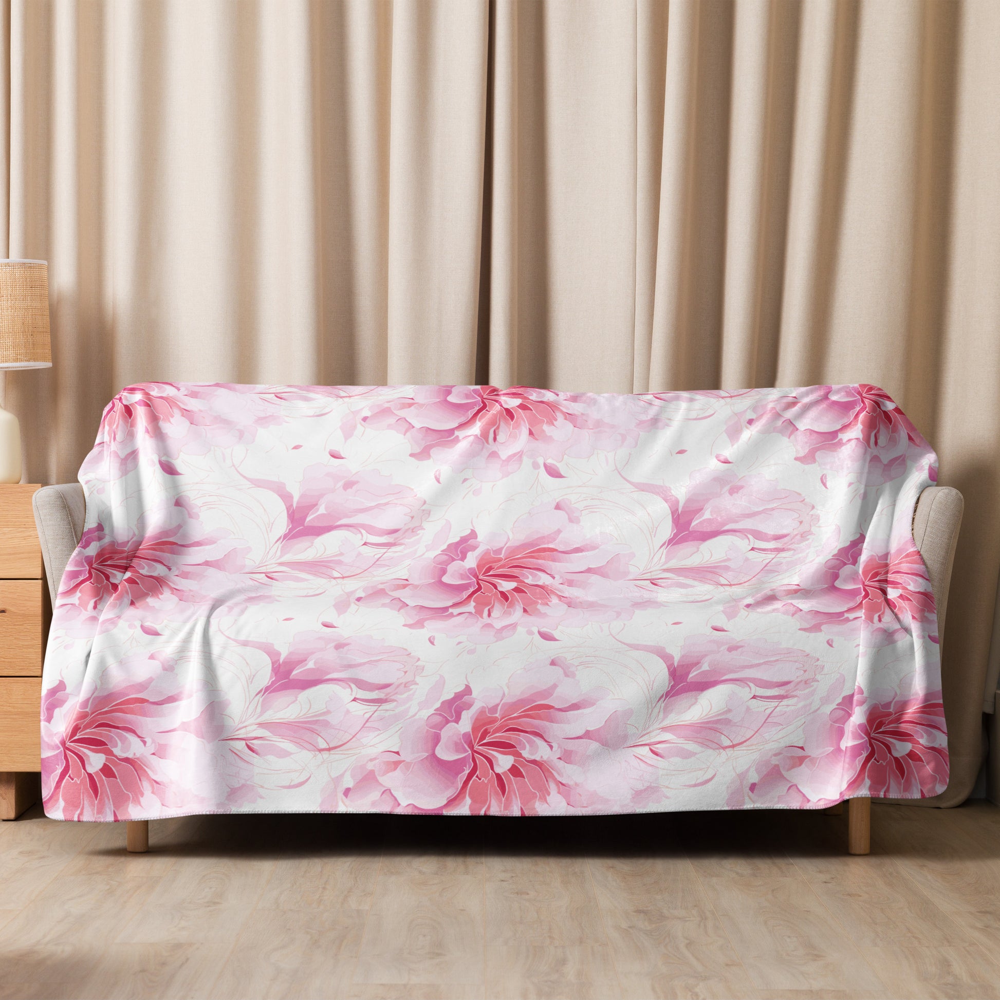 Pink Peony Sherpa Blanket with elegant floral design, perfect for cozy fall and winter decor.