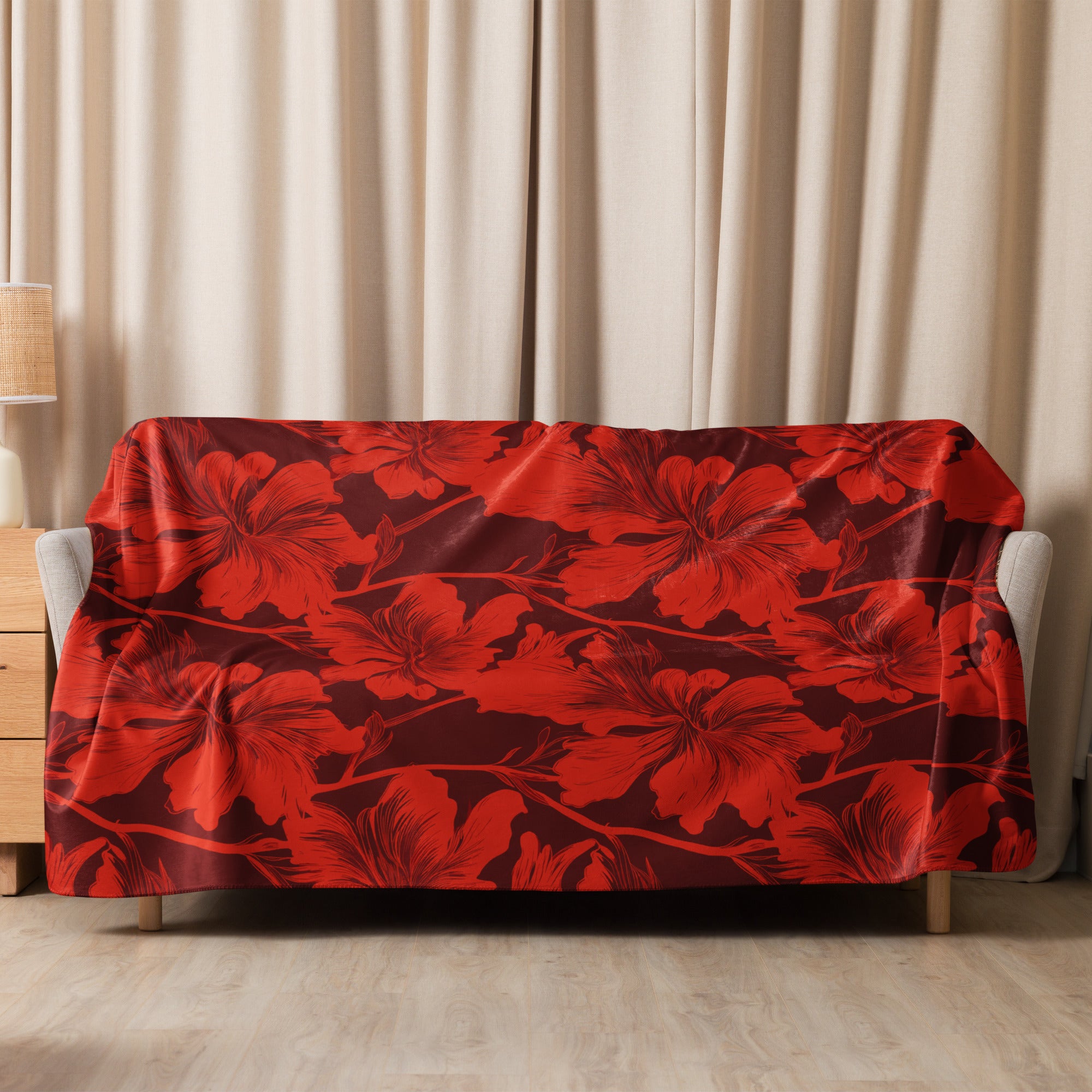 Red Hibiscus Floral Sherpa Blanket with plush texture and elegant design, enhancing winter home decor.