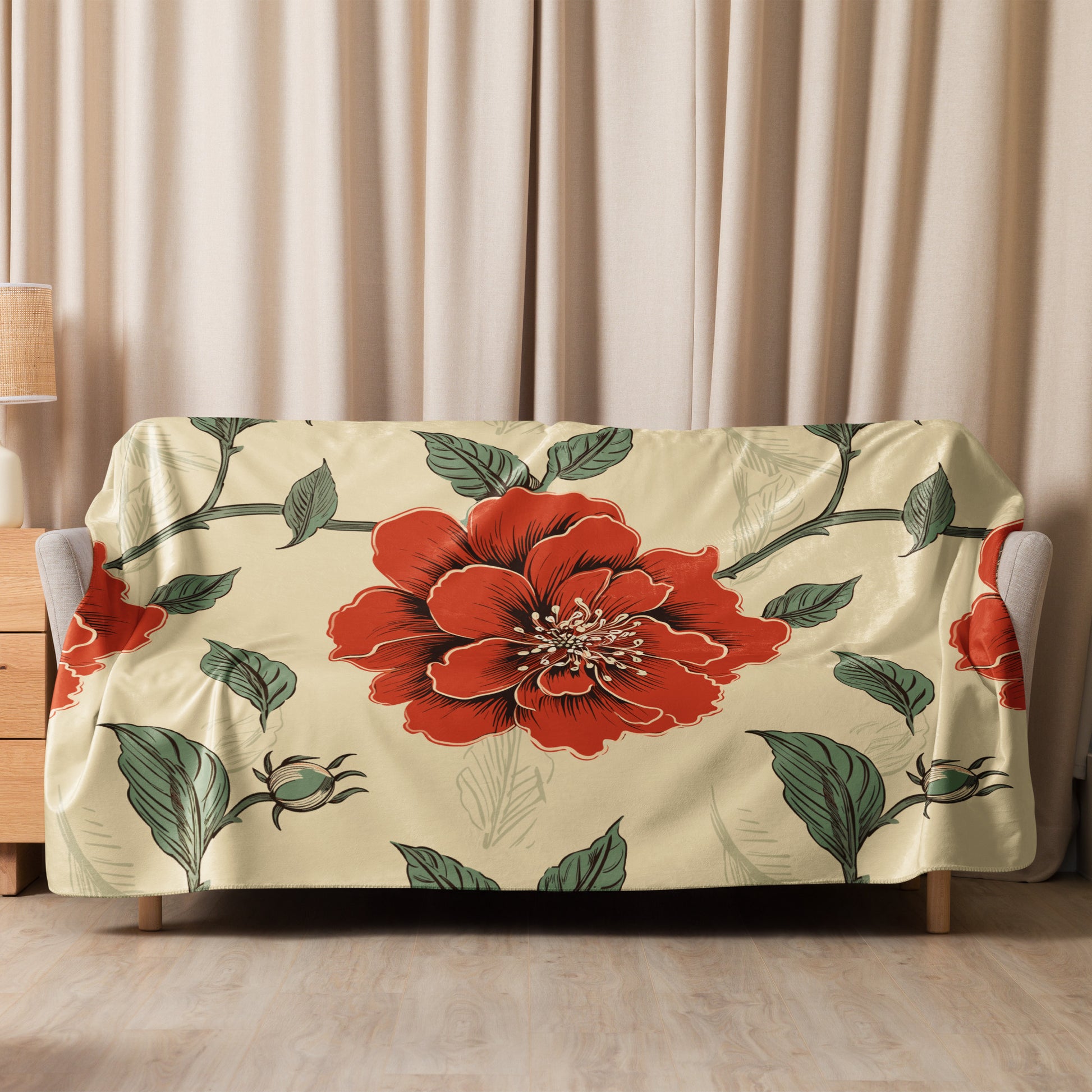 Scarlet Poinsettia design on an ivory sherpa blanket with lush floral details.