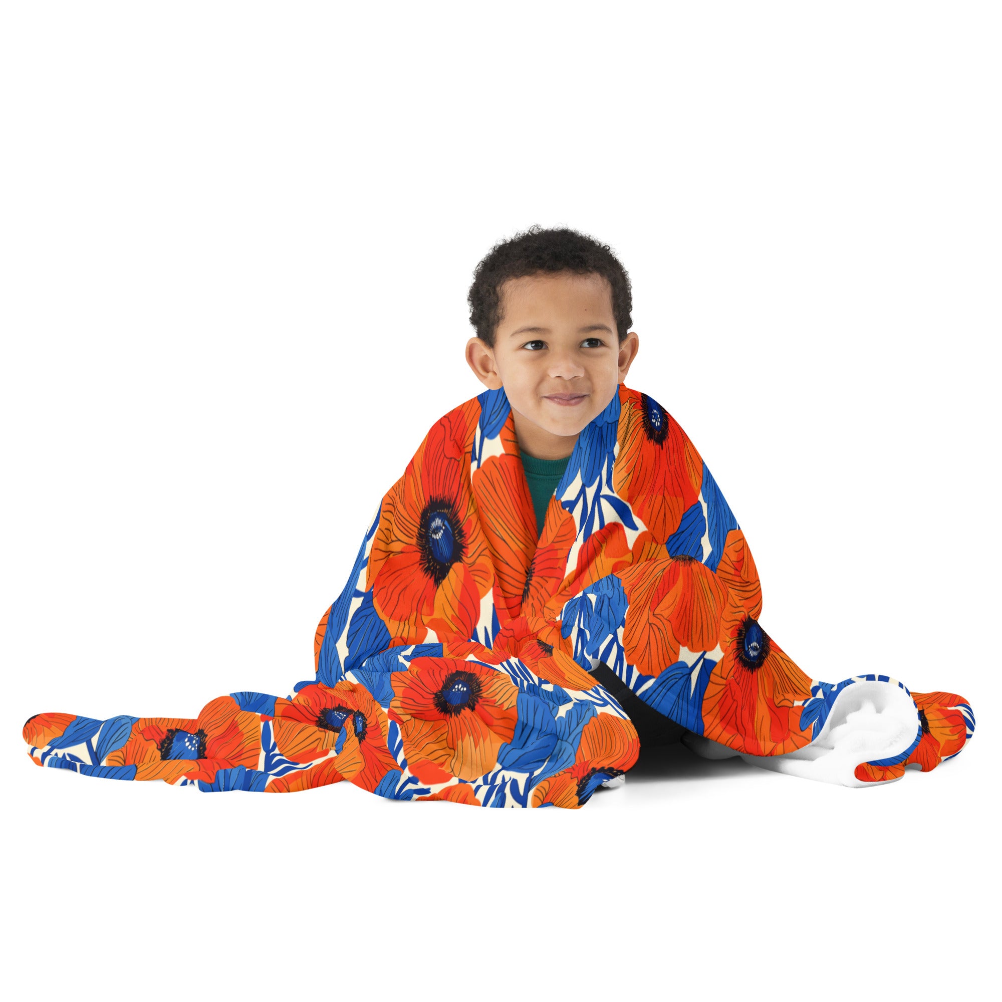 Vibrant orange poppy floral silk touch throw blanket with contrasting blue backdrop, perfect for cozy fall and winter evenings.